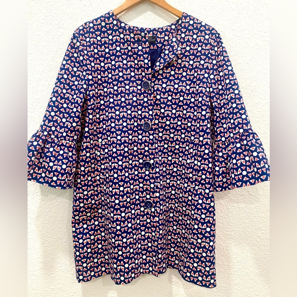 Eden Court Women’s Size Large Stylish Blue Coral White Geometric Blazer Jacket